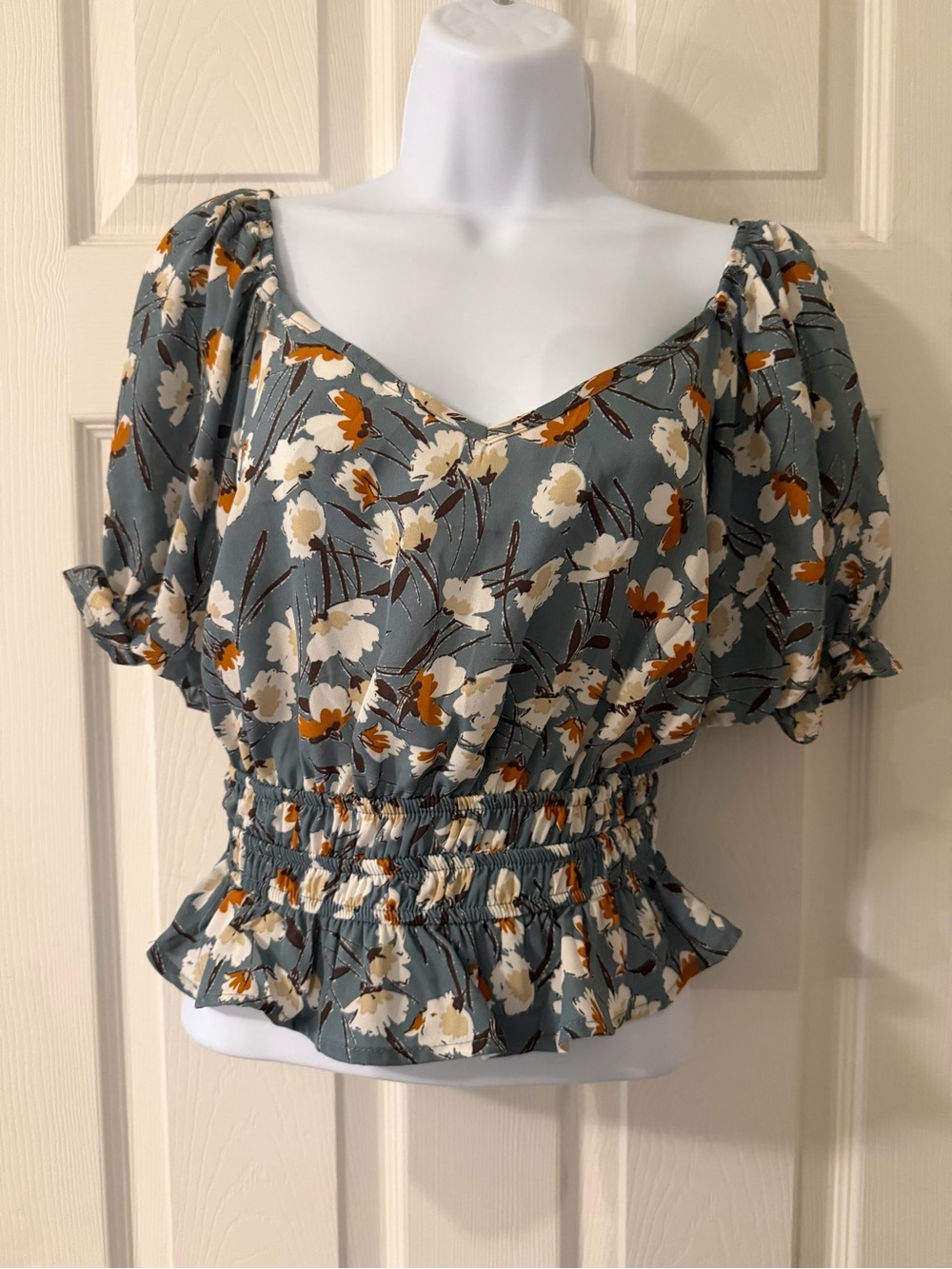 Sienna Sky Dusty Blue Floral Puff Sleeve Smocked Peplum Top